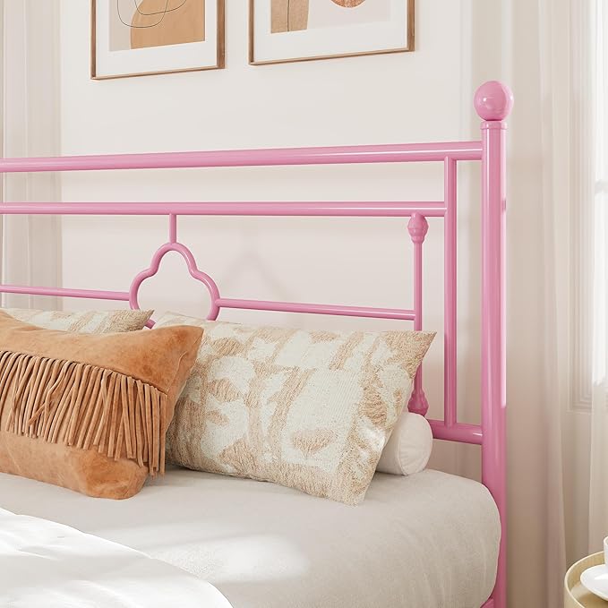 Allewie Queen Size Metal Platform Bed Frame with Victorian Vintage Headboard and Footboard/Mattress Foundation/Under Bed Storage/No Box Spring Needed/Noise-Free/Easy Assembly, Pink