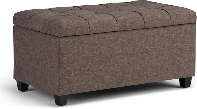 SIMPLIHOME Sienna Storage Ottoman Bench - 33 inch Wide Upholstered Linen Look Fabric Rectangle Storage Ottoman Bench in Tanners Brown, Transitional Tufted Ottoman for Living Room with Lift Top