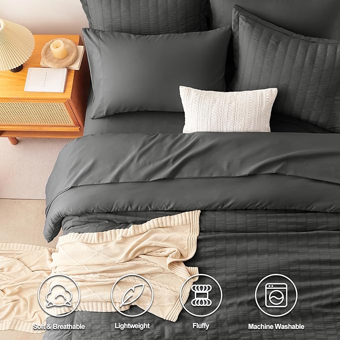 CozyLux Oversized King Comforter Set Dark Grey Seersucker 7 Pieces 120x98 Bed in a Bag Comforter Set with Sheets, Dark Gray Luxury Bedding Sets Down Alternative Comforter, Sheets, Pillowcases & Shams