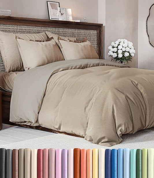 Duvet Cover Cal King Size Set - Extra Soft Cal King Duvet Cover 104" x 98" with 2 Pillow Shams - Hotel Luxury, Easy Care & Fade Free w/ Zipper Closures & Ties - Comfy & Breathable (Heathered Beige)