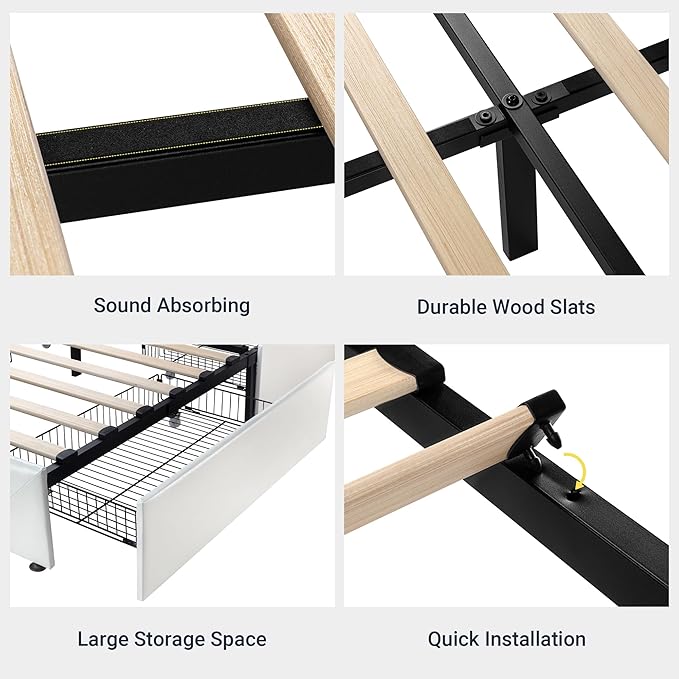 Allewie Upholstered Queen Size Platform Bed Frame with 4 Storage Drawers and Headboard, Diamond Stitched Button Tufted, Mattress Foundation with Wooden Slats Support, No Box Spring Needed, White