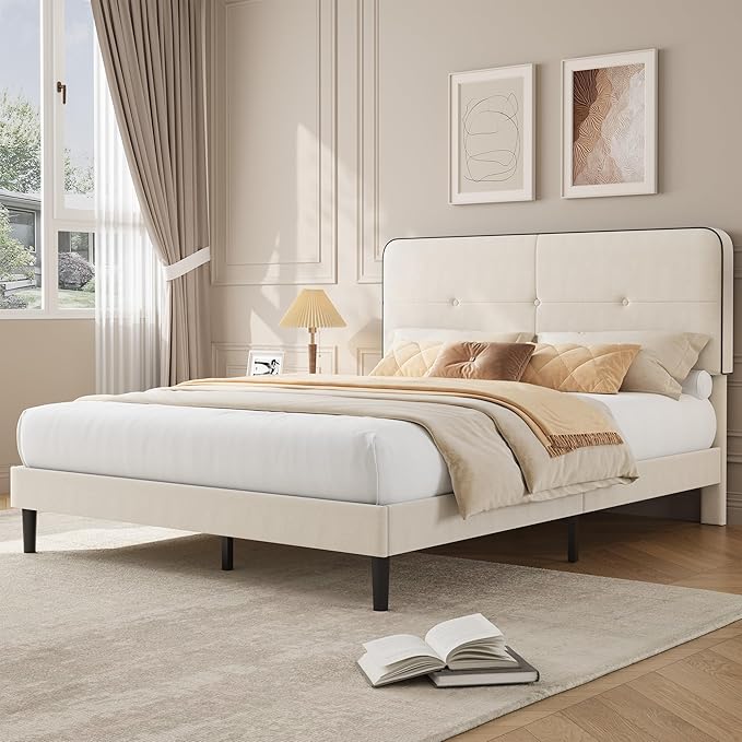 Garvee Full Bed Frame, Velvet Upholstered Platform Bed Frames with Adjustable Headboard, No Box Spring Needed, Anti-Noise EVA Sponge, Sturdy Metal Support, Easy Assembly, White & Black Trim