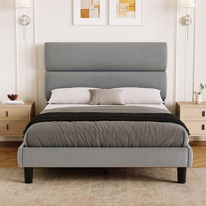 GRUSIGN Full Size Platform Bed Frame with Velvet Headboard, Adjustable Height Wooden Slats Support, Upholstered Mattress Foundation, Fits Mattress or Mattress with Box Spring, Easy Assembly, Grey