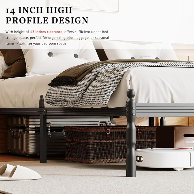 ZIYOO 14 inch Metal Queen Bed Frame with Vintage Style, Mattress Slide Stopper, 1500LBS Heavy Duty Steel Slats, No Box Spring Needed, Platform Noise-Free, Easy Assembly