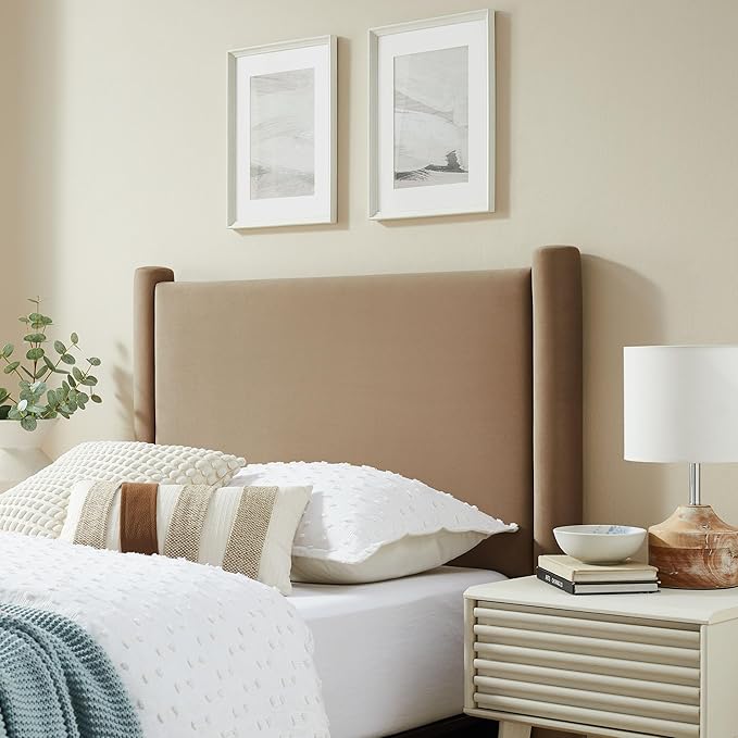 Modway Rael Twin Upholstered Headboard with Pillars in Taupe – Velvet Headboard – Stain-Resistant Performance Velvet Headboard for Twin Beds