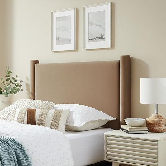 Modway Rael Twin Upholstered Headboard with Pillars in Taupe – Velvet Headboard – Stain-Resistant Performance Velvet Headboard for Twin Beds