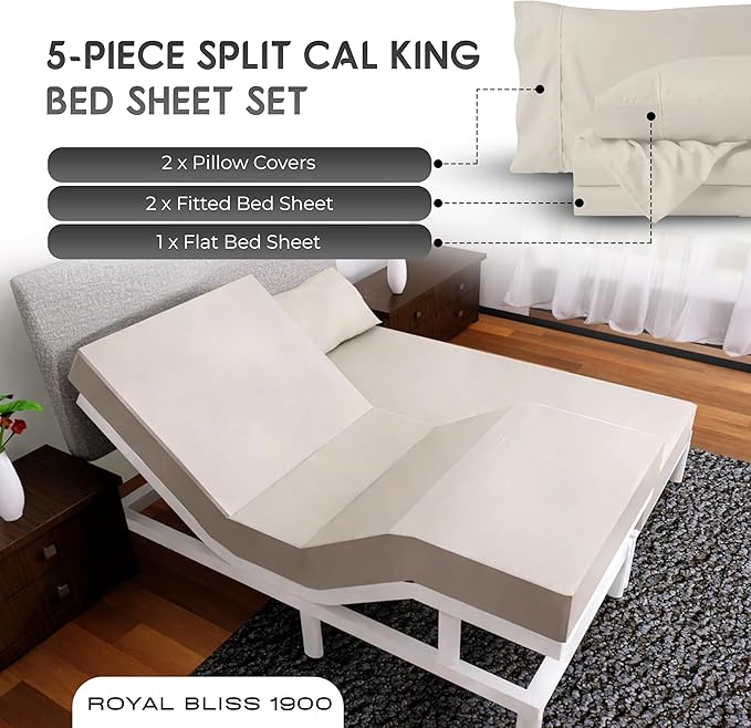 Split California King Sheets Sets - 5 Pcs Set - California King Split Sheet Sets Cal King Split Sheets Sets for Adjustable Bed (Ivory)