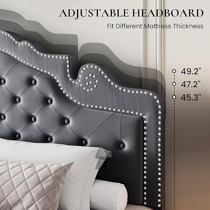 SHA CERLIN Queen Bed Frame with Adjustable Headboard/Velvet Upholstered/Diamond Button Tufted and Metal Studs/No Box Spring Needed/Wooden Slat Support/Easy Assembly/Light Grey
