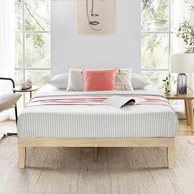 Mellow Naturalista Classic 12 Inch Solid Wood Platform Bed with Wooden Slats, Queen, White Wash