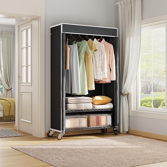 Higeego H4 Clothing Rack with Cover, Rolling Heavy Duty Clothes Rack, Garment Rack on Wheels, Portable Closet for Hanging Clothes, Black Clost Rack with Black Fabric Cover, Max Load 380LBS