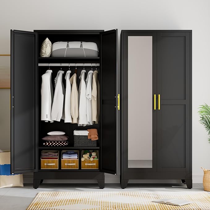 Metal Wardrobe Storage Cabinet with Mirror and Hanging Rod,71'' Metal Clothing Cabinet with 2 Doors and 2 Adjustable Shelves for Bedroom, Laundry Room, Cloak Room (Black)