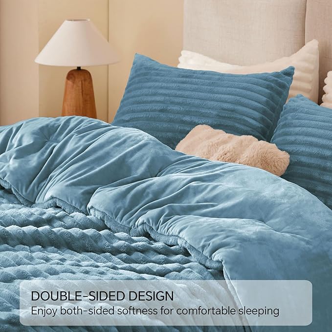 BEDELITE Fleece King Comforter Set -Super Soft & Warm Fluffy Blue Fog Bedding, Luxury Fuzzy Heavy Bed Set for Winter with 2 Pillow Cases