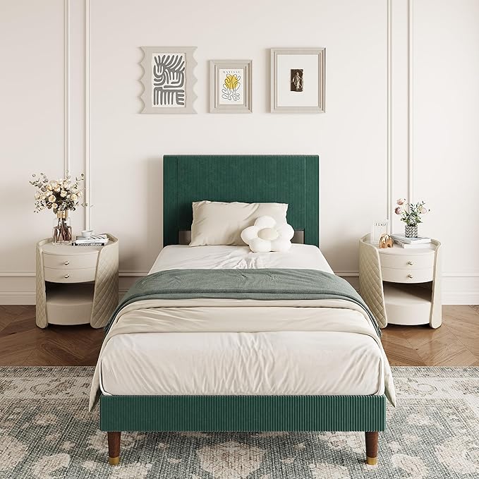 GarveeHome Twin Size Bed Frame with Upholstered Headboard and Strong Wooden Slats Support, Soft Corduroy Fabric Platform Bed, No Boxing Spring Needed, Easy Assembly, Dark Green