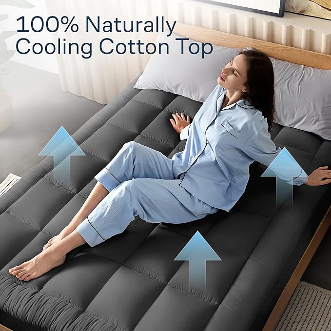 Niagara Sleep Solution Cloud-Like Queen Mattress Topper - 100% Cotton Top Mattress Pad for Back Pain Relief - Breathable & Naturally Cooling for Hot Sleepers, Dark Gray