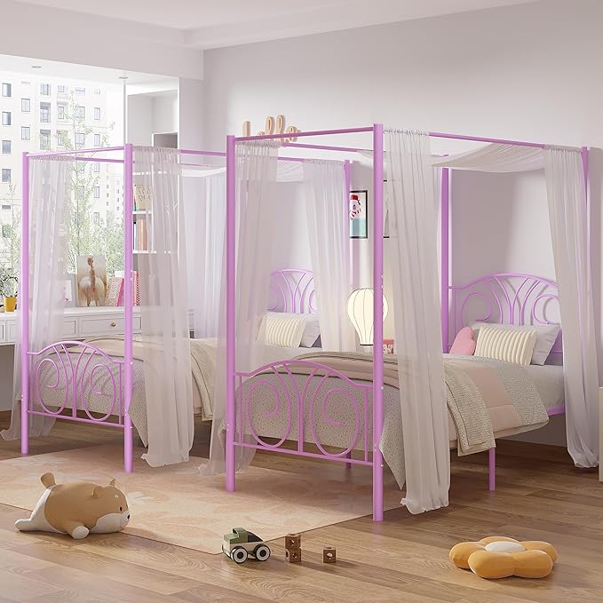 VECELO Metal Canopy Bed Frame Twin Size, 4 Posters Platform Mattress Foundation with Headboard, Heavy Duty Steel Slats Support, No Box Spring Needed, Purple
