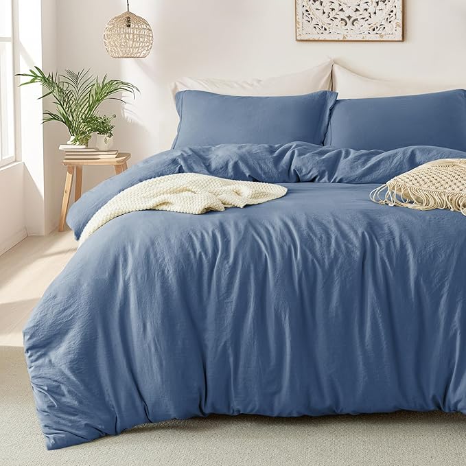 MILDLY Super Soft Duvet Cover - 100% Washed Microfiber Light Denim Comforter Cover Set 3 Pieces with Zipper Closure & Corner Ties (No Comforter)