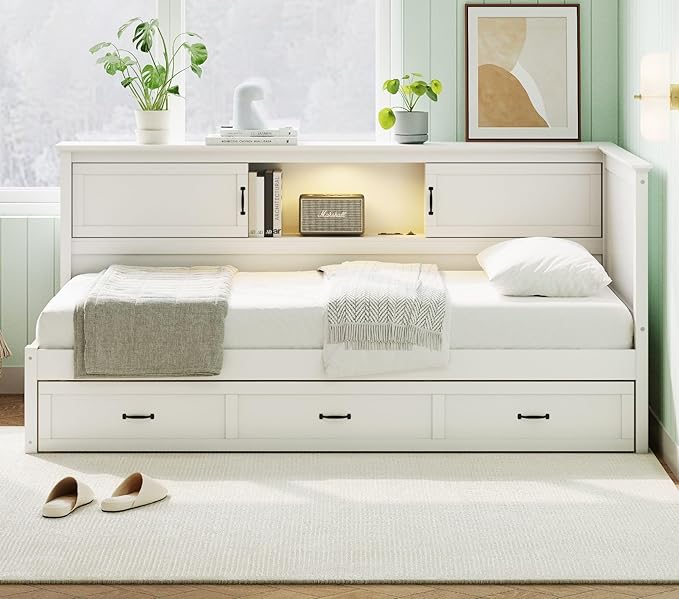 Merax Twin Size Corner Bed Frames with Storage Drawers, USB Port, Led Downlight Headboard & Bookcase, Wooden L-Shaped Captain Daybed for Small Room, Bedroom, Guest Room, kids'Room, White
