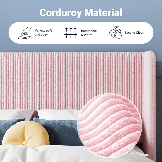 Allewie King Size Bed Frame with Upholstered Wingback Headboard, Vertical Channel Tufted Corduroy Velvet Platform Bed, Strong Wooden Slats Support, No Box Spring Needed, Easy Assembly, Light Pink