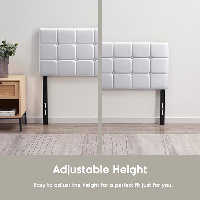 Hearth & Harbor Modern Full-Size Button Tufted Upholstered Headboard - White, Adjustable Height 34'-42', Bed Frame Mount