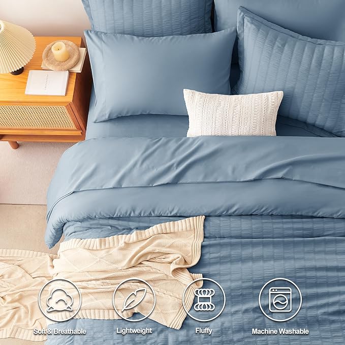 CozyLux California King Comforter Set with Sheets 7 Pieces, Grayish Blue Seersucker Bed in a Bag Cal King Luxury Bedding Sets with Down Alternative Comforter, Sheets, Pillowcases & Shams, Dusty Blue