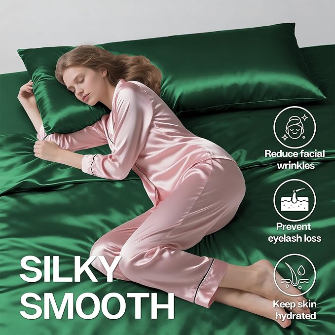 MR&HM Satin Body Pillow Cover, Soft and Breathable Body Pillow Case with Envelope Closure, Cooling and Silky Long Pillowcase for Hair and Skin (20x54, Dark Green)