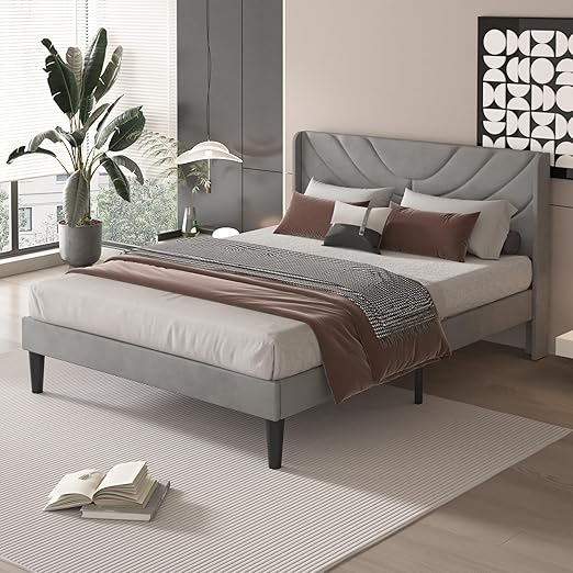 VECELO Upholstered Platform Full Bed Frame with Fabric Headboard,Wooden Slats Support/No Box Spring Needed/Mattress Foundation,Dark Grey