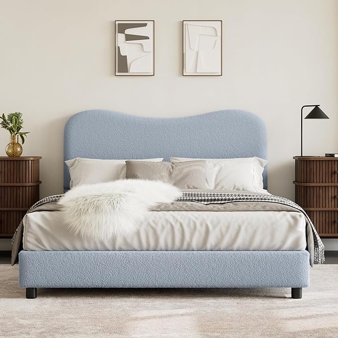 GarveeHome Boucle Full Size Bed Frame with Upholstered Headboard, Soft Low Profile Sturdy Platform Bed with Rounded Corners Design, Heavy Duty, Wooden Slats, Noise Free, No Box Spring Needed, Blue