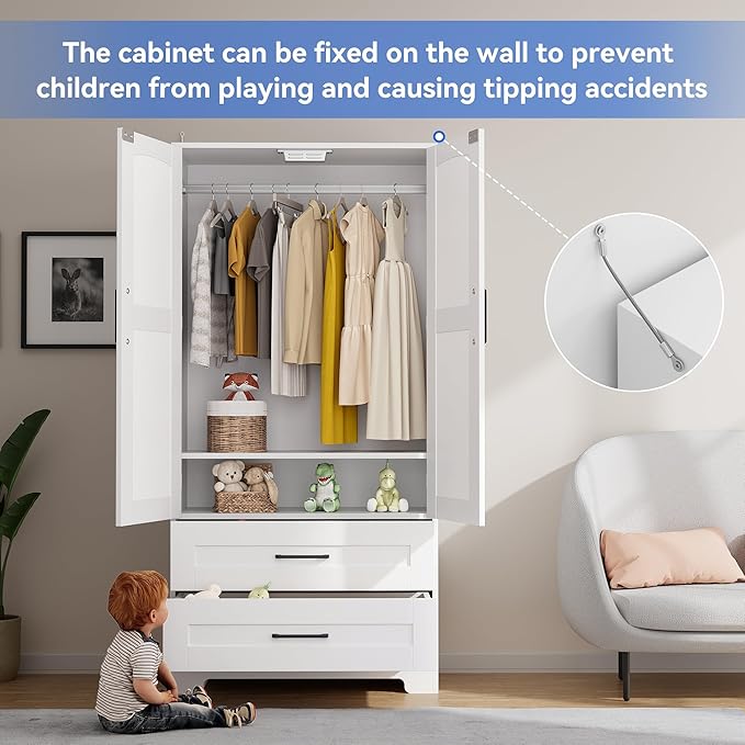 Wooden Armoire Wardrobe Closet with Drawers, Bedroom Armoires with Door and Shelves, Freestanding Wardrobe Clothing Storage Cabinet with Hanging Rod for Bedroom, Laundry Room, Cloak Room （White）