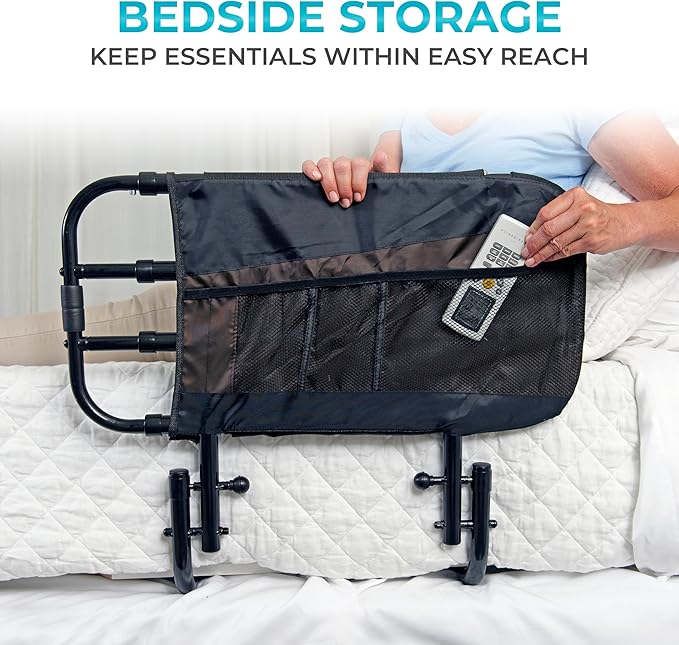 Stander EZ Adjust Bed Rail, Adjustable Senior Bedrail and Safety Assist Railing for Elderly Adults with Organizer Pouch, ASTM Safety Approved Guard-Rail, Black