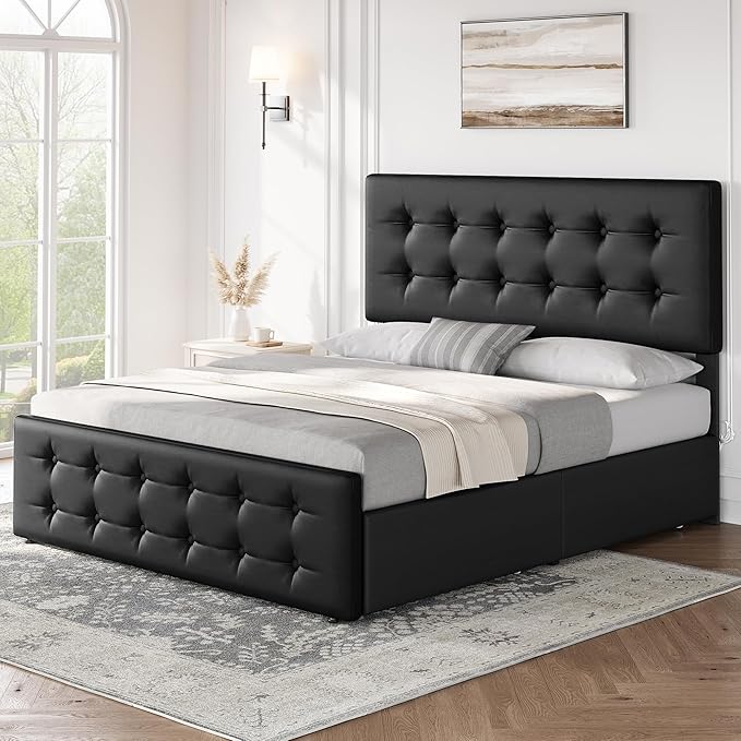 IDEALHOUSE Queen Size Bed Frame with 4 Storage Drawers and Headboard, Faux Leather Upholstered Platform Bed Frame with Wooden Slats Support, Button Tufted Design, No Box Spring Needed, Black