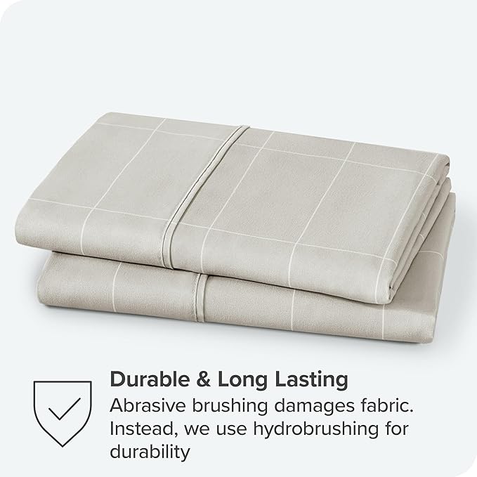 Bare Home Microfiber Pillow Cases - Standard/Queen Size Set of 2 - Cooling Pillowcases - Double Brushed - Pillowcases 2 Pack - Easy Care (Standard, Grid – Stone/White)