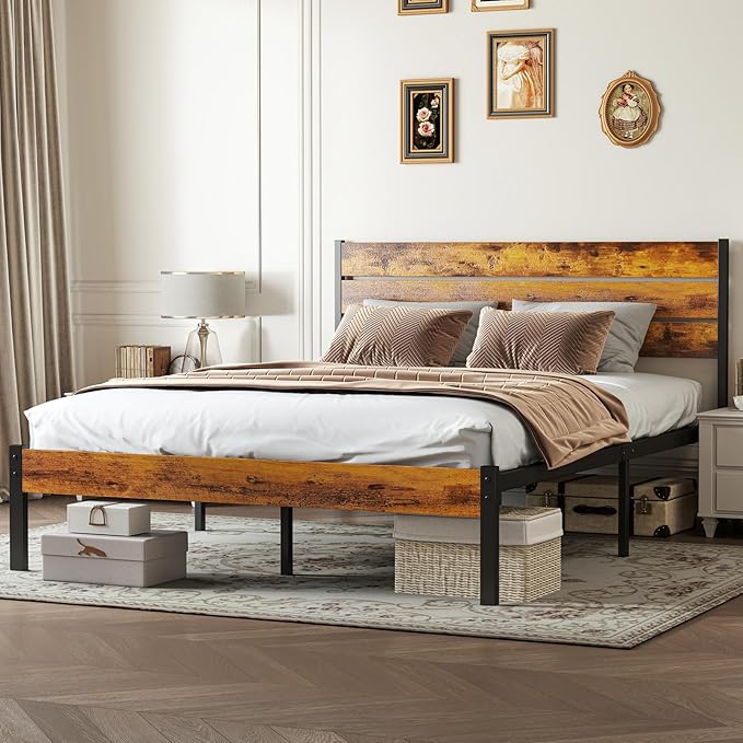 OLIXIS Queen Size Bed Frame with Headboard, 800LBS Bed Base with All Sturdy Metal Support, Under Bed Storage, No Box Spring Needed, Easy Assembly, Rust Brown