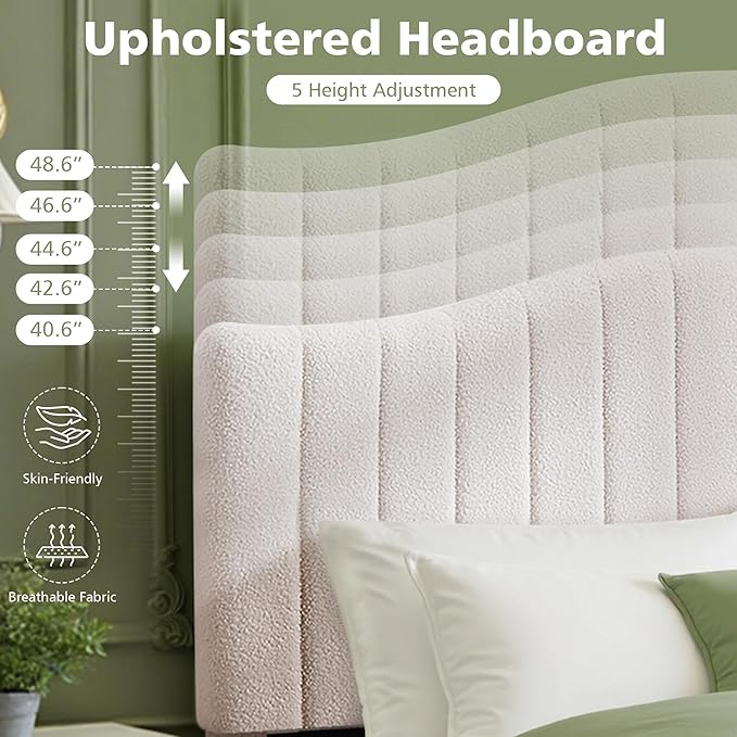 VECELO Queen Size Bed Frame Upholstered Platform Beds with Height-Adjustable Teddy Fabric Headboard, Strong Wood Slats 7.9'' Under Bed Storage Space Noise-Free No Box Spring Needed, Beige