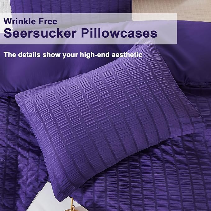 AveLom Dark Purple Duvet Cover Cal King(104 x 98 inches), 3 Pieces (1 Duvet Cover, 2 Pillowcases), Seersucker Striped Soft Washed Microfiber, Textured Duvet Cover Set with Zipper Closure, Corner Ties