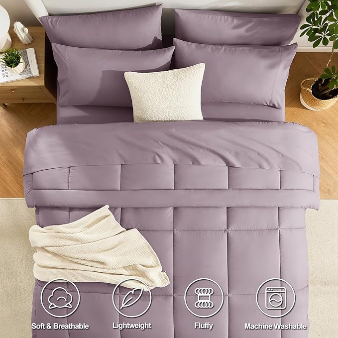 CozyLux King Size Comforter Set Dusty Purple, 7 Pieces Bed in a Bag, Purple Comforter King Size, Bedding Set with All Season Quilted Comforter, Flat Sheet, Fitted Sheet, Pillowcases