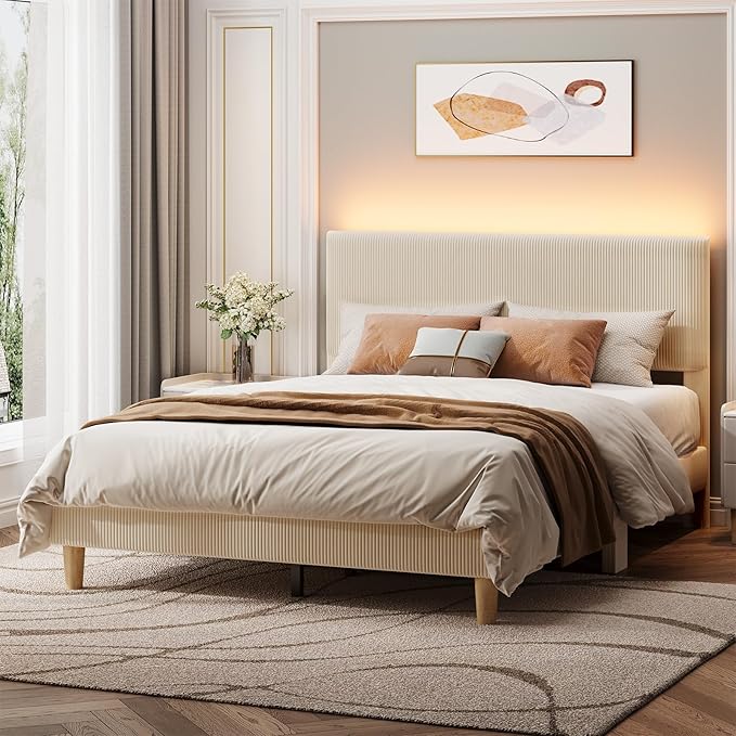 Bestier Queen Bed Frame with Headboard,Platform Queen Size Bed Frame with LED Lighting,Bed Frame Wooden Slats Support,No Box Spring Needed,Never Squeaks, Easy Assembly,Beige