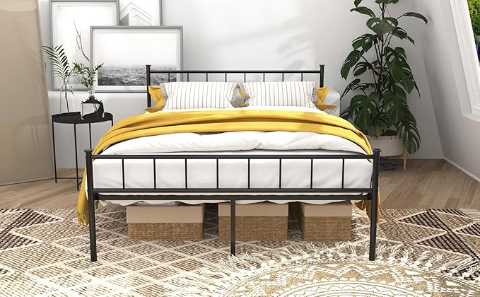 Queen Metal Platform Bed Frame, Victorian Vintage Style, Wrought Iron Headboard, Steel Slats, No Box Spring Needed (Black, Full)
