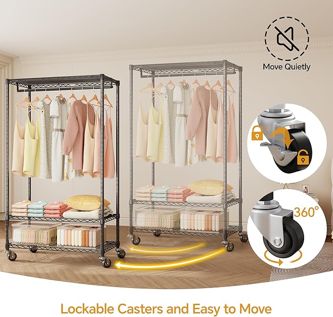 Higeego H4 Clothing Rack with Cover, Rolling Heavy Duty Clothes Rack, Garment Rack on Wheels, Portable Closet for Hanging Clothes, Black Clost Rack with Black Fabric Cover, Max Load 380LBS