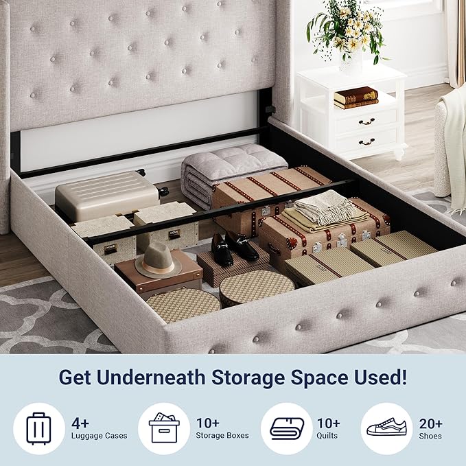 Allewie Full Size Lift Up Storage Bed, Button Tufted Headboard with Wingback, Hydraulic Support, No Box Spring Needed, Light Beige