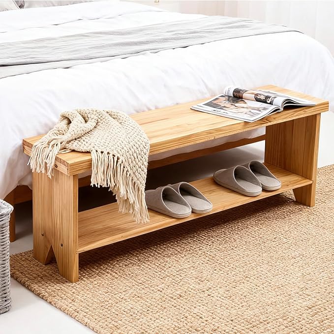 43" Solid Wood Farmhouse Bench, Entryway Bench with Storage Shelf, Narrow Rustic Indoor Bench for Bedroom, Entryway, Hallway, Dining