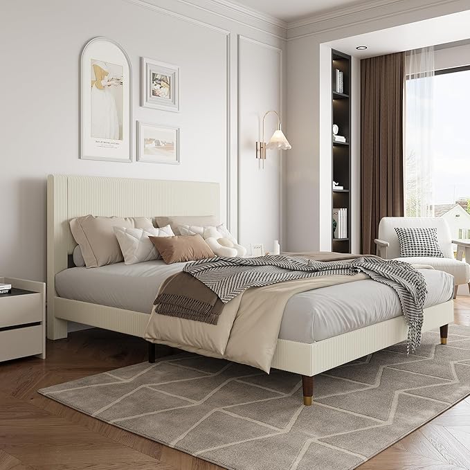 GarveeHome Queen Size Bed Frame with Upholstered Headboard and Strong Wooden Slats Support, Soft Corduroy Fabric Platform Bed, No Boxing Spring Needed, Easy Assembly, Beige