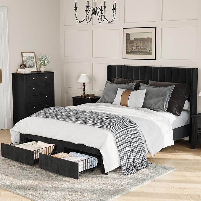 GarveeHome Queen Size Bed Frame, Bed Frame Upholstered Platform Bed with Velvet Headboard, Wing Edge Design, 2 Storage Drawers, No Box Spring Needed, Black