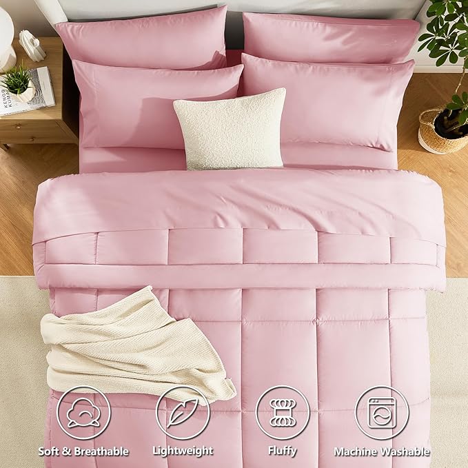 CozyLux Queen Comforter Set Pink, 7 Pieces Bed in a Bag, Pink Comforters Queen Size, All Season Bedding Sets with Stitch Quilted Comforter, Flat Sheet, Fitted Sheet, Pillowcases