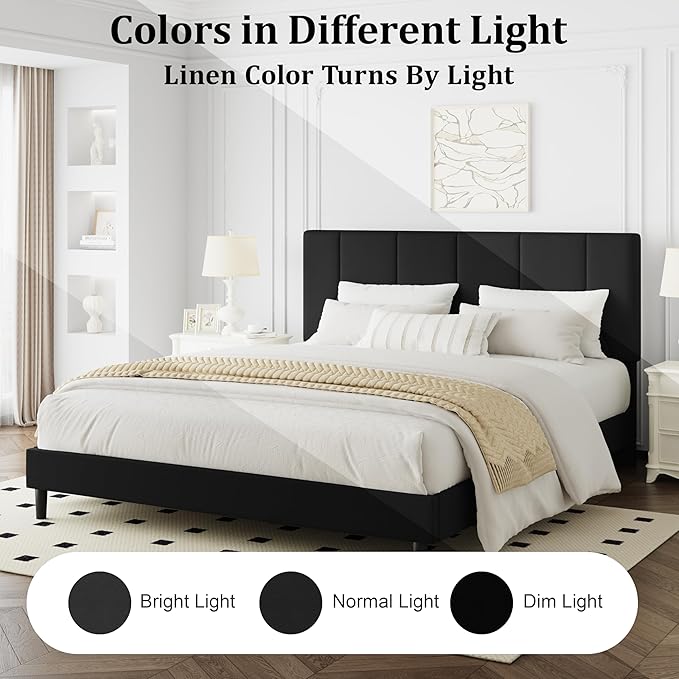 Queen Bed Frame, Padded Platform Bed Frame with Velvet Headboard, Vertical Quilted Design, Sturdy Slatted Mattress Base, No Spring Mattress Required, Easy to Assemble, Black