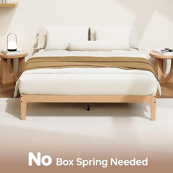 Tyndall Queen Size Bed Frame, Natural Solid Wood Platform Bed with Wooden Slats Support, 12 Inch Wood Bed Frame Queen, No Box Spring Needed, Noise Free Design, Easy Assembly