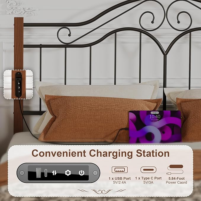 Elephance Headboard for King Size Bed Frame with Charging Station,USB and Type C Ports, Adjustable Height,Vintage Platform Bed King Only, Easy Assembly,Black