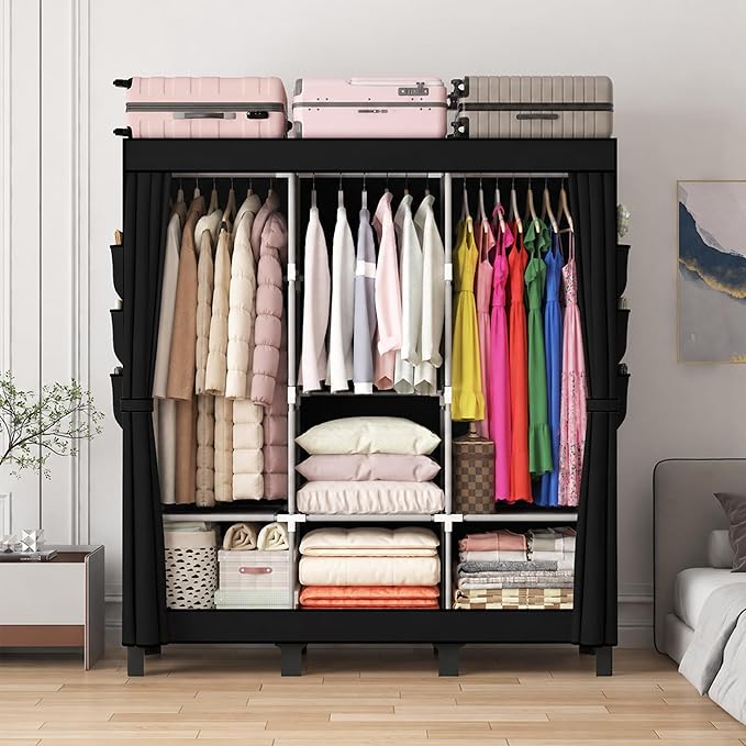 Portable Closet Wardrobe Closet for Hanging Clothes with 3 Hanging Rods for Bedroom, Non-Woven Fabric Clothes Closet for Living Room Easy Assemble (Black, 3 Columns, 51.2 inch Width)