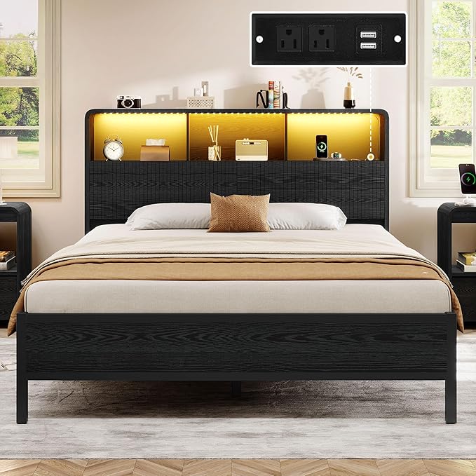 Headboard Queen Size with Storage, 63" Wide Wooden Queen Headboard Only, Modern Farmhouse Head Board with Outlets & USB Ports, Wall Mounted Headboards with Color-Changing LED, Black
