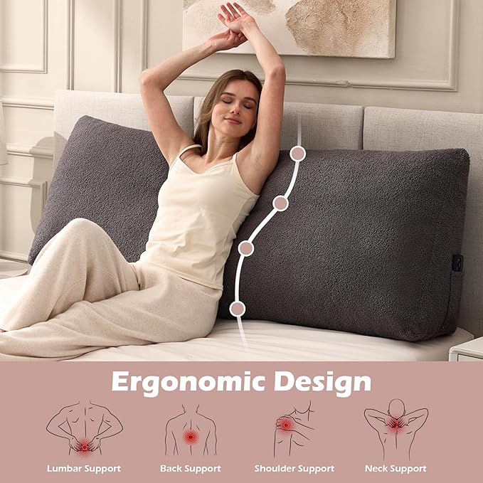 Headboard Pillow Queen, Triangle Bed Wedge Pillow for Headboard, Backrest Pillow for Sitting up, Reading, Working, Headboard Daybed Pillow with Removable Cover for Bed, Dorm Sofa, Dark Grey