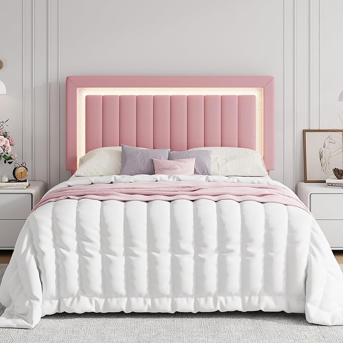 SHA CERLIN Full Size Velvet Bed Frame with LED Light, Adjustable Vertical Channel Tufted Headboard, Strong Wooden Slats Support, Noise-Free, No Box Spring Needed, Pink